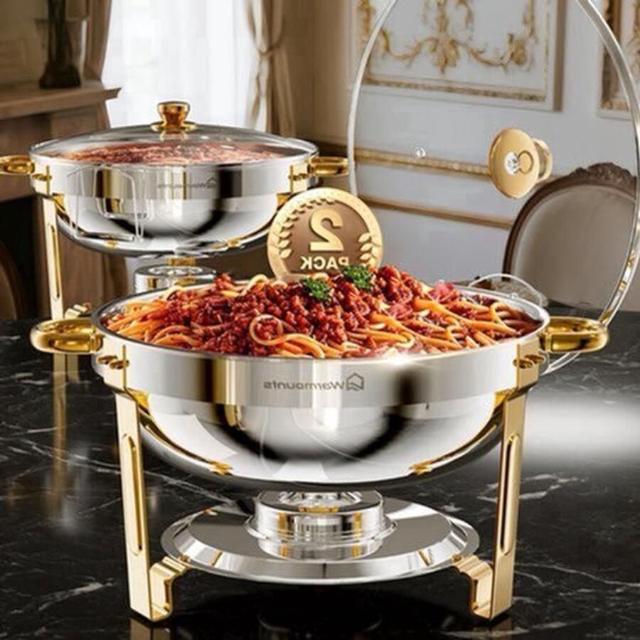Chafing Dish – Buffetwarmer – Warmhoudschalen – Warmhoudbakken – Voedselverwarmer – 2-delig Ronde Set – 5 L Inhoud – Glasdeksel Met Houder – Roestvrij Staal 201 - Foto 1