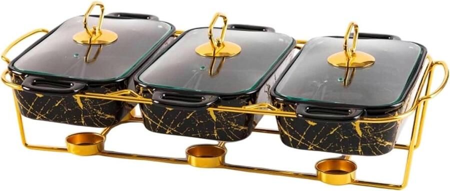 Chafing Dish Set Buffet Warmers Feestelijke Buffetten Keramische Afwerking 3x 0.9L Zwart