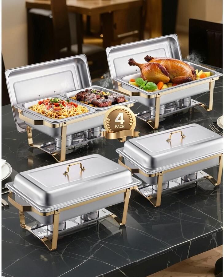 Chafing Dish Set RVS Horeca Buffetwarmer Voedselwarmer Capaciteit 2x 7 5 L + 4x 4 L Rechthoekig Met Deksel Waterpan en Onderstel Goud