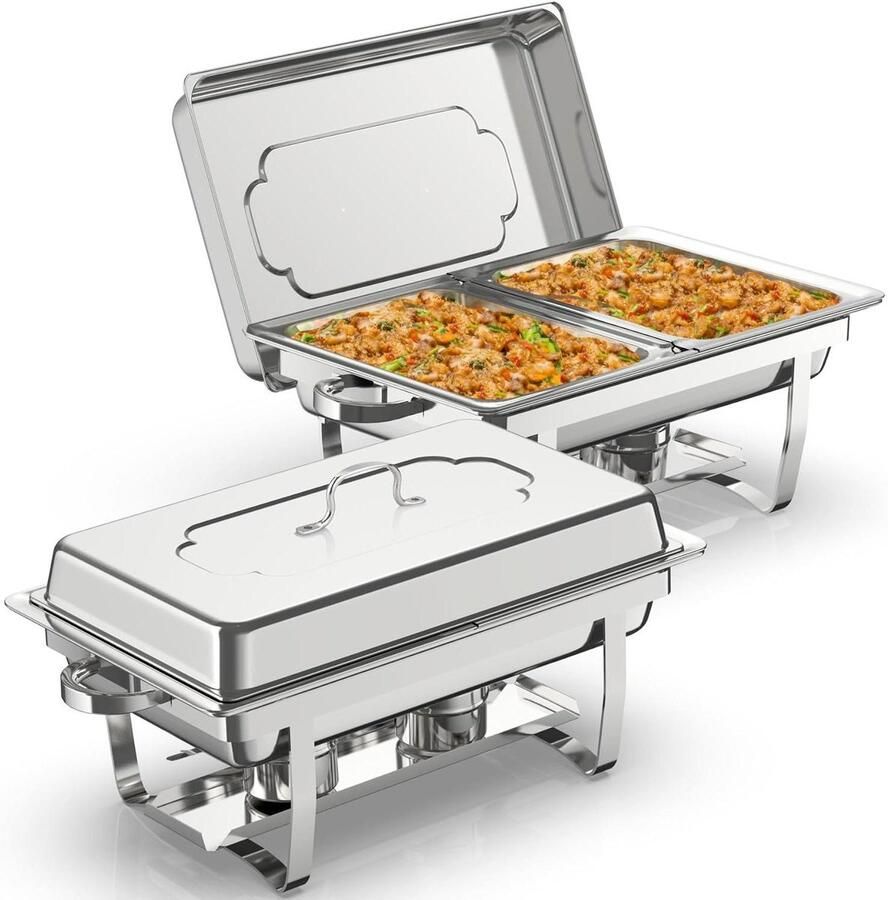 Chafing Dish Set Warmhoudbakken Buffet Eten Warm Houden Roestvrij Staal 2x 9 Liter Zilverkleurig