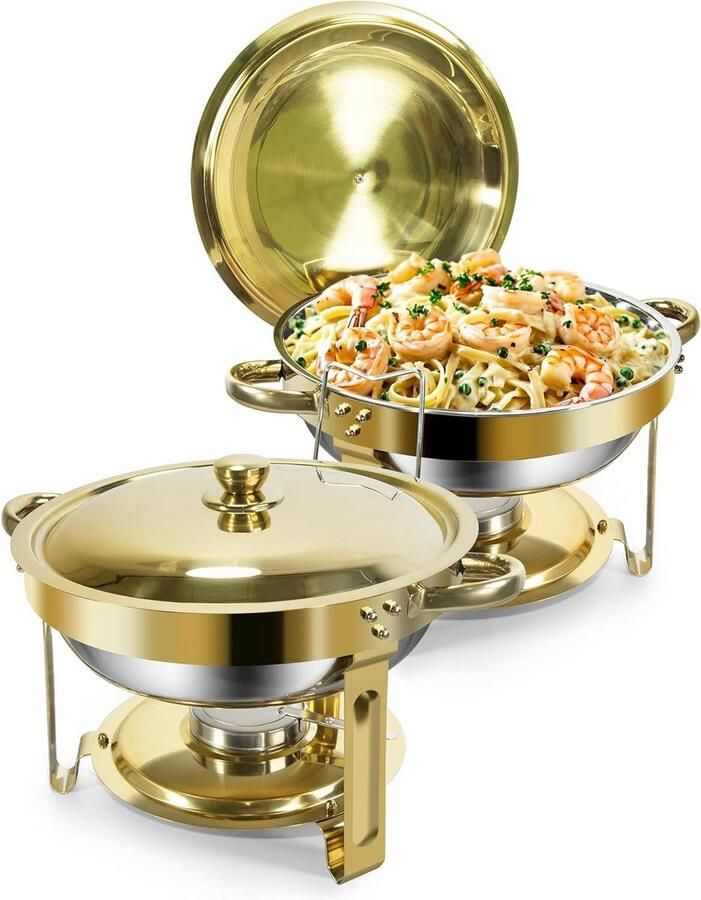 Chafing Dish Set Warmhoudbakken Buffet Feesten Organiseren Afgeronde Randen 5 Liter Inhoud Goud Zilver