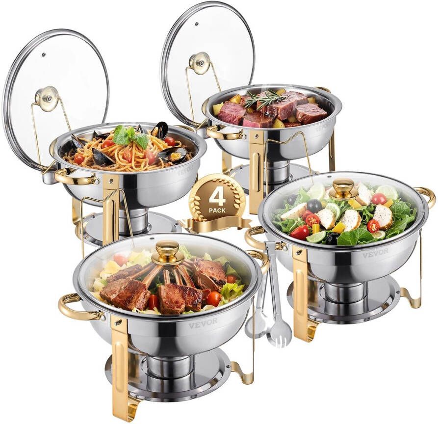Chafing Dish Warmhoudplaat Buffetwarmer Set Rechaud Buffet Warmhoudpannen met Glazen Deksel voor Feesten & Banketten Set van 4 Goud