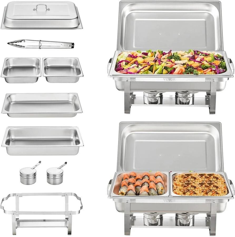 Chafing Dish Warmhoudplaat Buffetwarmer Set Rechaud Rechthoekige RVS Warmhoudschalen 2 Stuks 8QT met Opvouwbaar Onderstel en Brandstofhouders Zilver
