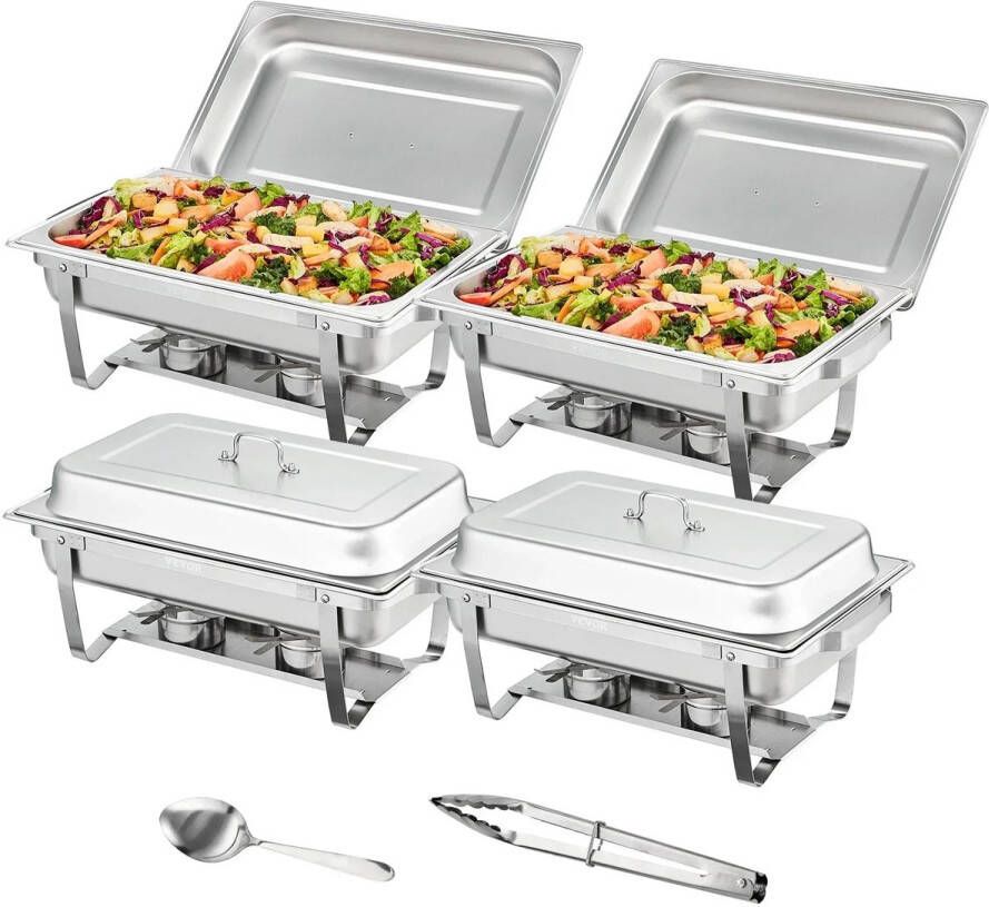 Chafing Dish Warmhoudplaat Buffetwarmer Set Rechaud Rechthoekige RVS Warmhoudschalen 4 Stuks 8QT met Opvouwbaar Onderstel en Brandstofhouders Zilver