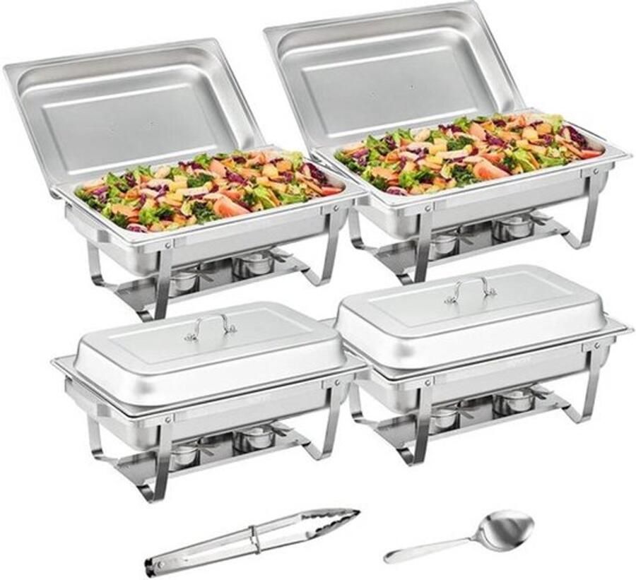 Chafing Dish Warmhoudplaat Buffetwarmer Set Rechaud Rechthoekige RVS Warmhoudschalen 4 Stuks 8QT met Opvouwbaar Onderstel en Brandstofhouders Zilver