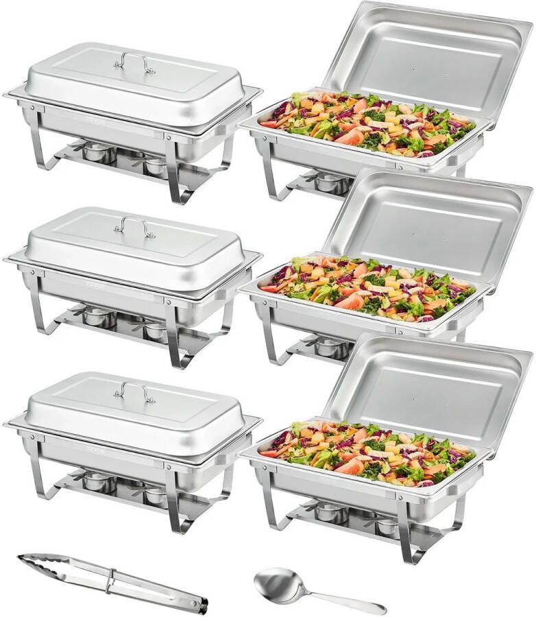 Chafing Dish Warmhoudplaat Buffetwarmer Set Rechaud Rechthoekige RVS Warmhoudschalen 6 Stuks 8QT met Opvouwbaar Onderstel en Brandstofhouders Zilver