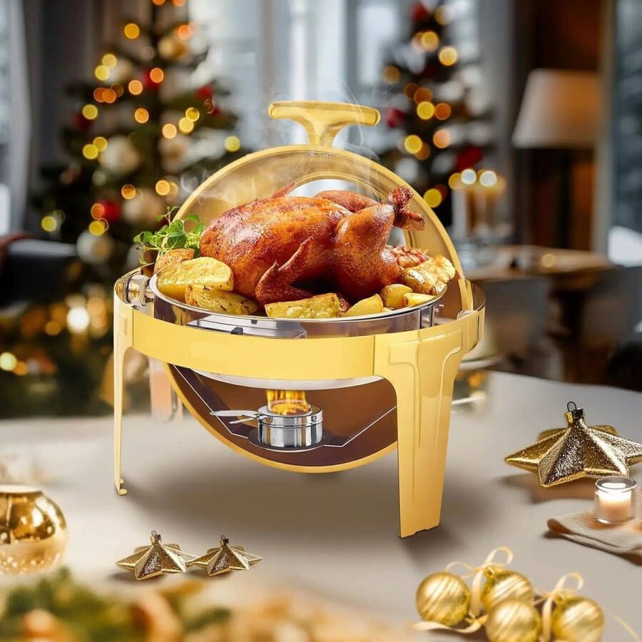 Chafing Dish Warmhoudplaat Buffetwarmer Set Rechaud Ronde RVS Warmer 1 Stuks 6QT met Stevig Frame voor Feest en Bruiloft Goud