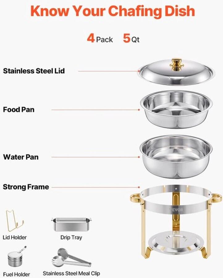 Chafing Dish Warmhoudplaat Buffetwarmer Set Rechaud RVS Volformaat Buffet Warmhoudpannen voor Feesten & Banketten Set van 4 Roségoud - Foto 4