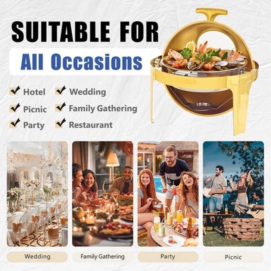 Chafing Dish Warmhoudplaat Buffetwarmer Warmhoudbakken 6QT Roestvrijstalen Buffet Set Rond Ontwerp – Dik Frame – Geschikt voor Catering Feesten & Bruiloften Goud - Foto 2