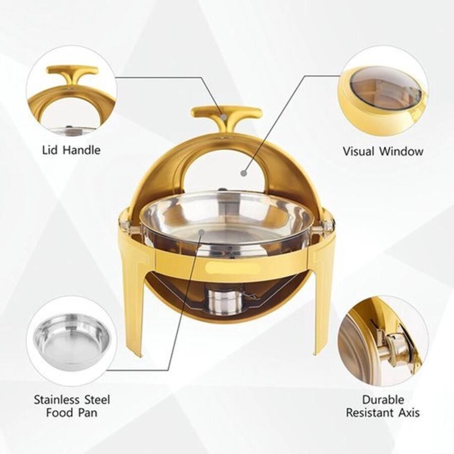 Chafing Dish Warmhoudplaat Buffetwarmer Warmhoudbakken 6QT Roestvrijstalen Buffet Set Rond Ontwerp – Dik Frame – Geschikt voor Catering Feesten & Bruiloften Goud