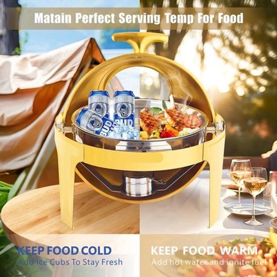 Chafing Dish Warmhoudplaat Buffetwarmer Warmhoudbakken 6QT Roestvrijstalen Buffet Set Rond Ontwerp – Dik Frame – Geschikt voor Catering Feesten & Bruiloften Goud