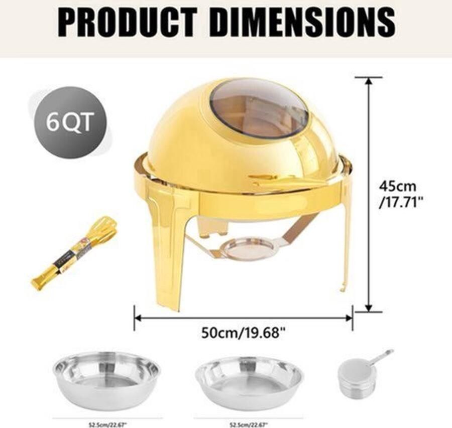 Chafing Dish Warmhoudplaat Buffetwarmer Warmhoudbakken 6QT Roestvrijstalen Buffet Set Rond Ontwerp – Dik Frame – Geschikt voor Catering Feesten & Bruiloften Goud