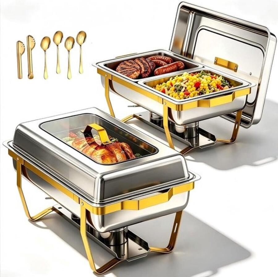Chafing Dishes Set Buffet Warmers Evenementen Serveren RVS Rolled Edge 2x Full Size Zilver