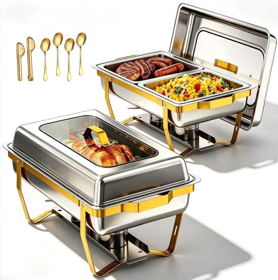 Chafing Dishes Set Buffet Warmers Evenementen Serveren RVS Rolled Edge 2x Full Size Zilver