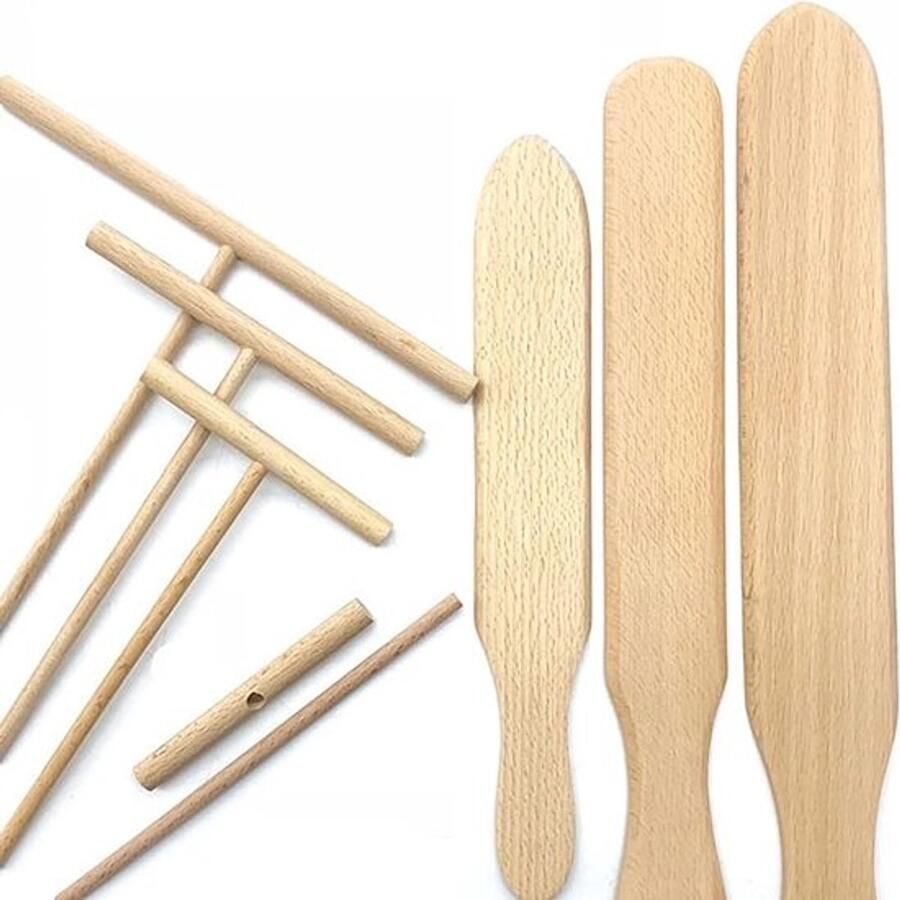 CHAMEEN Durable 4 pieces pancakes cookware wood crepe spreader and spatula tortilla rake dough spread of T-shaped wood crepe spreader