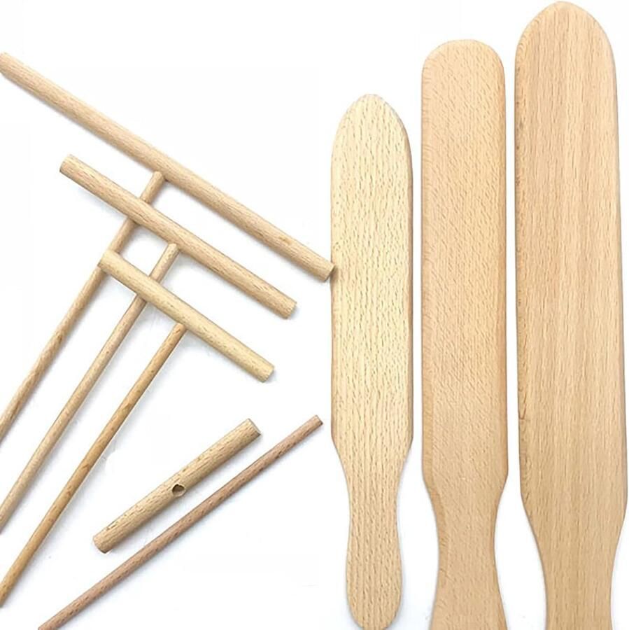 CHAMEEN Durable 4 pieces pancakes cookware wood crepe spreader and spatula tortilla rake dough spread of T-shaped wood crepe spreader