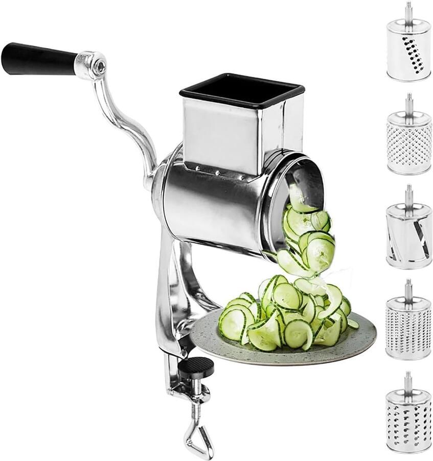 Cheese Grater met Crank Groente Cutter met 5 Rvs Vervangbare Trommelbladen Snelle Keuken Snijmachine voor Kaas Groenten en Fruit