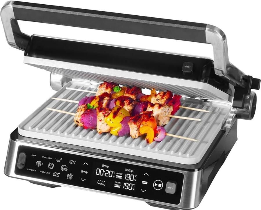 Chef Contactgrill elektrische grill roestvrij staal voor sandwiches steak afneembare grillplaten sandwichtoaster incl. 2 grillplaten set 6-delig grijs