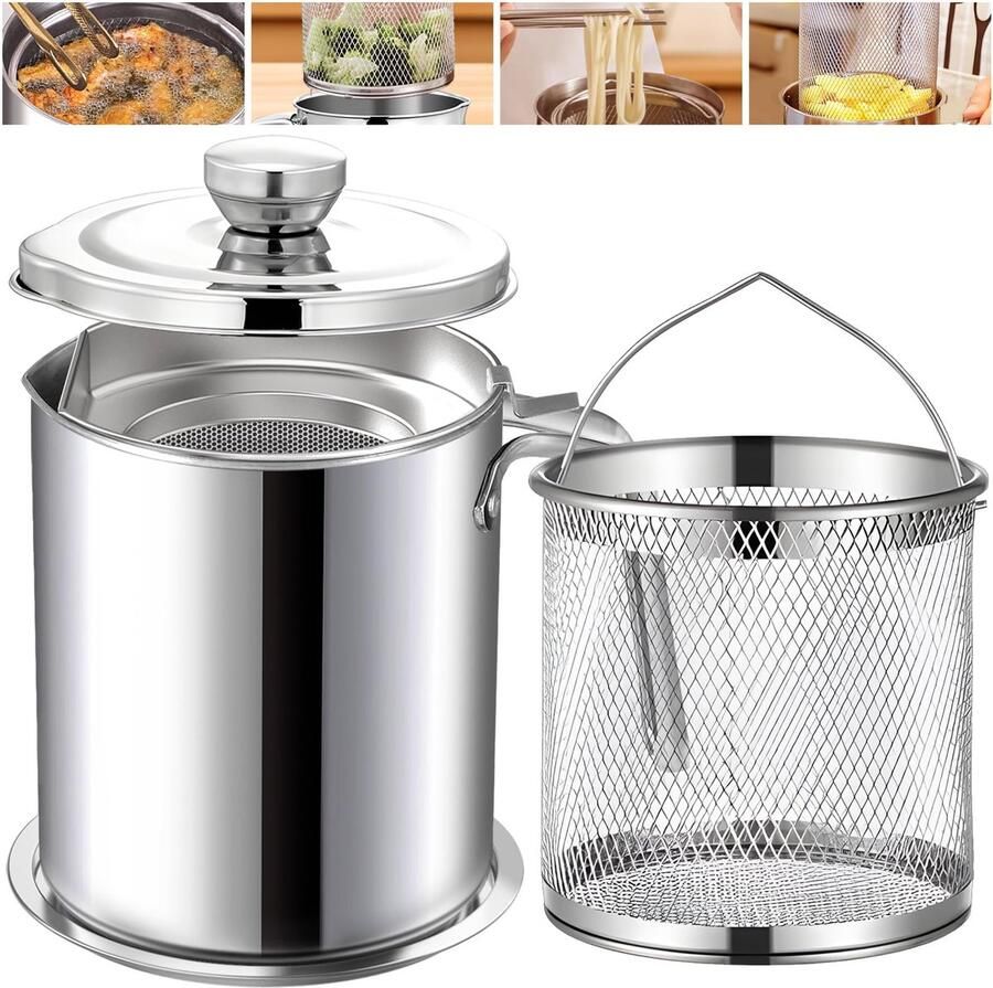 Chihee Vetcontainer friteuse 2-in-1 roestvrij staal spek vetspaarder met fijne zeef frituurmand 2 liter oliezeef pot ShopVlot