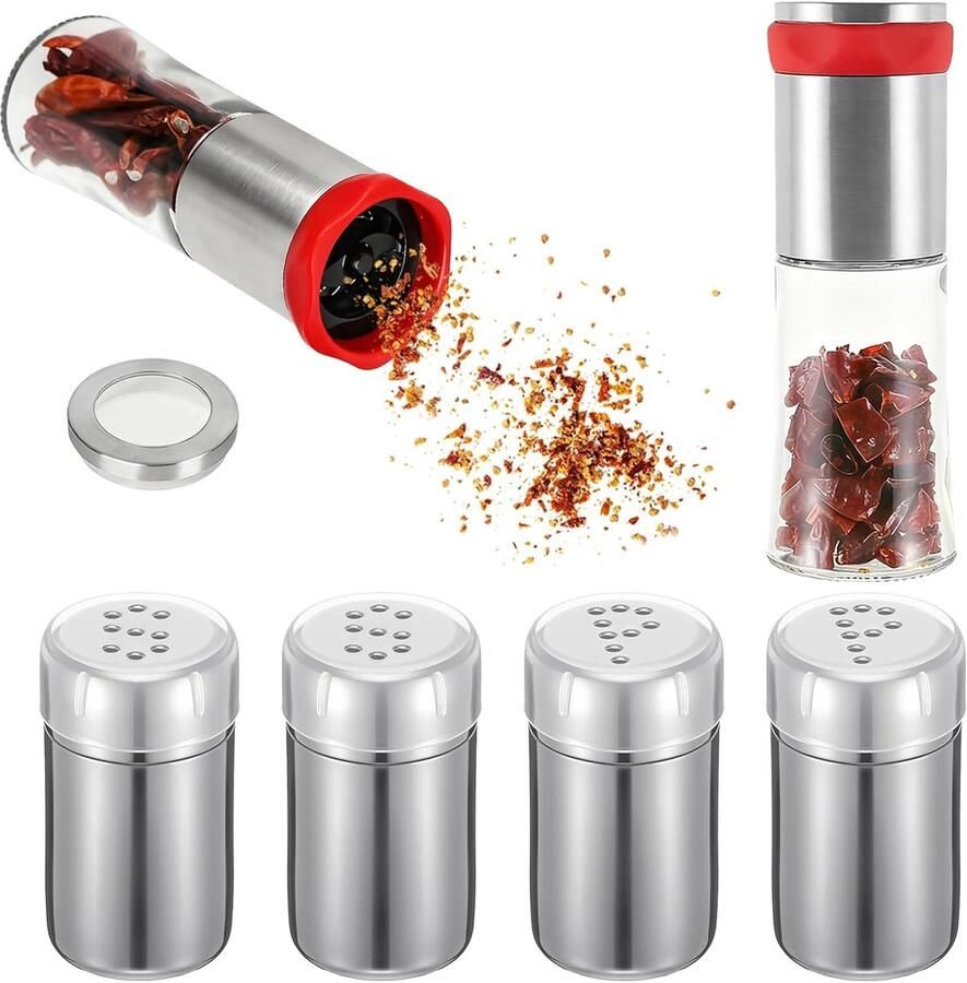 Chilimolenset met 4 mini-zoutvaatjes 170 ml roestvrij staal kruidenmolen van glas voor grove specerijen en gedroogde chilipepers ideaal voor restaurant camping en barbecue in de open lucht