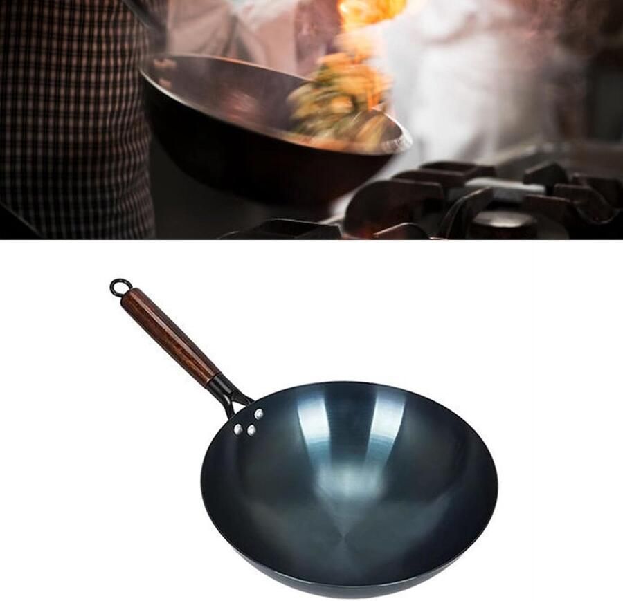 Chinese Wokpan Roerbakpan Ijzer Authentiek Koken Ronde Bodem 34cm Zwart