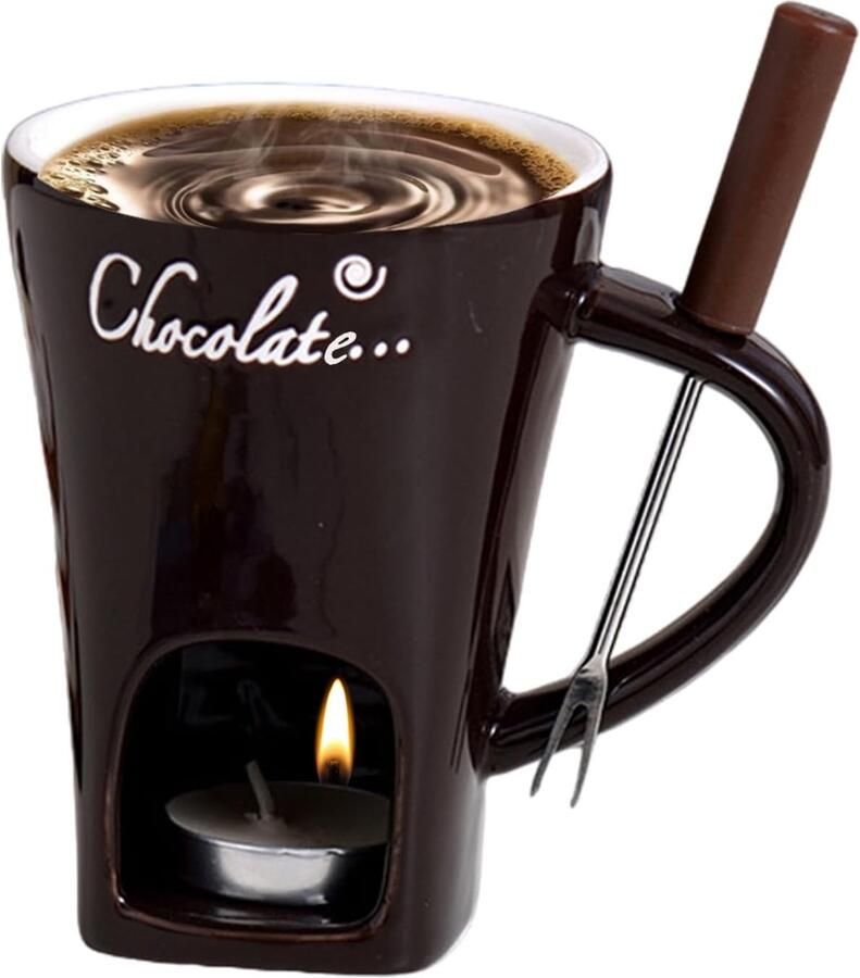 Chocolade Fondue Mok Dessert Warmer Romantisch Diner Inclusief Lepel & Waxinelichtje 200 ml Inhoud Wit