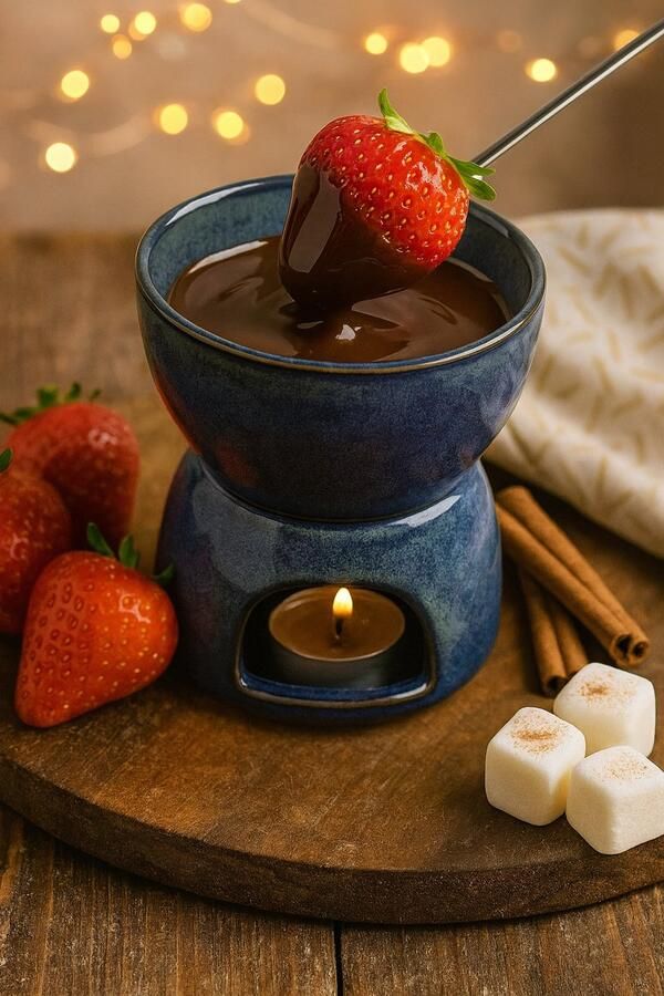 Chocolade Fondue Set – Blauw Keramiek – Inclusief 2 Fonduevorken – Voor Chocolade Fruit en Marshmallows