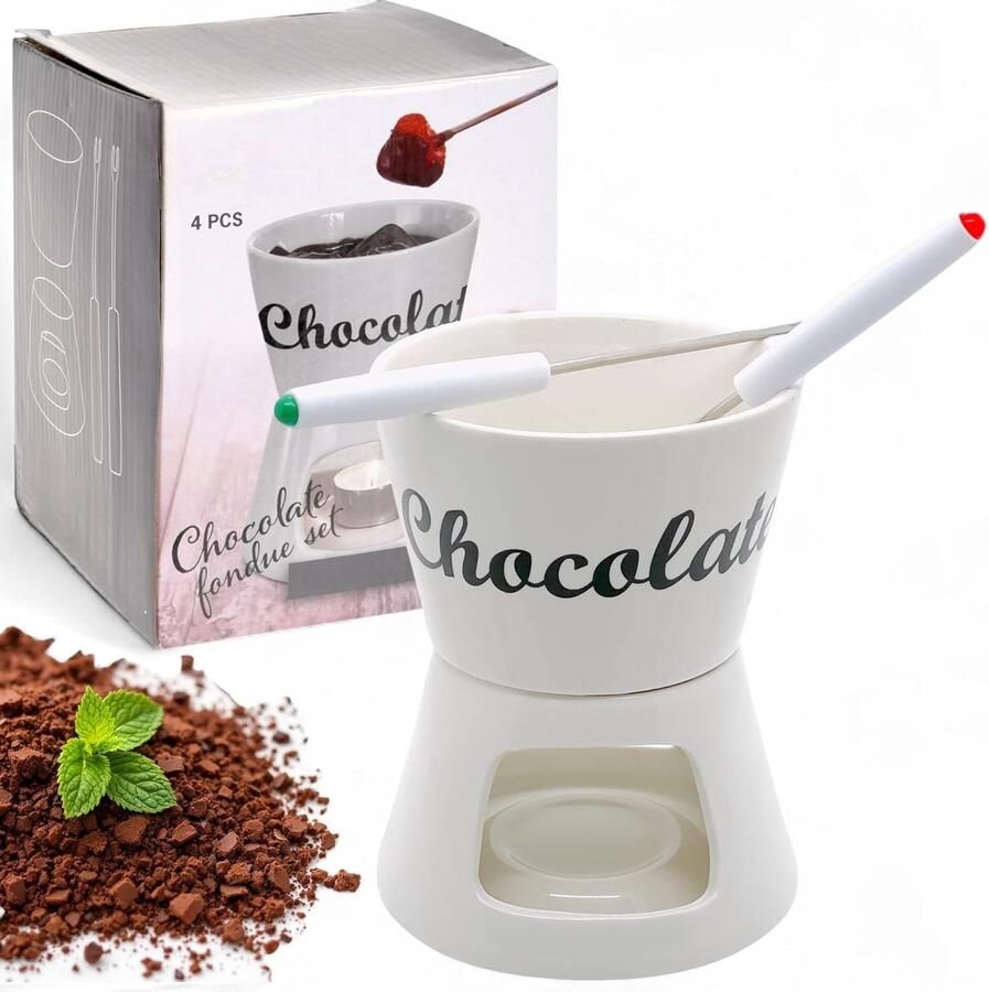 Chocolade Fondue Set Wit Ø12 x 15 cm Keramisch met Chocolate Opschrift Ideaal voor Fruit en Dessertavonden