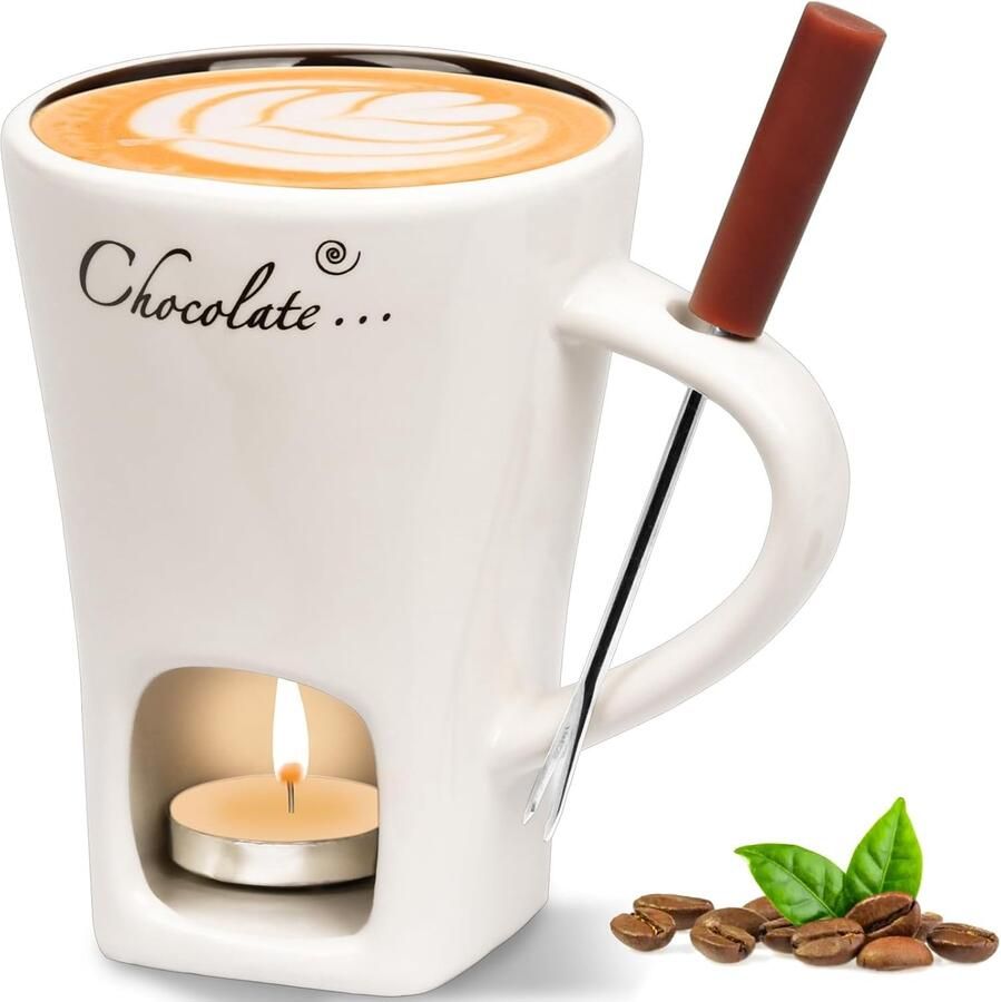 Chocolade Fondue Set Wit 130 ml Keramische Beker met Vork en Theelicht Voor Fondue Liefhebbers