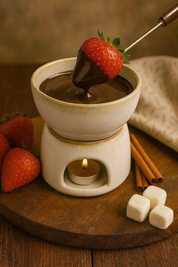 Chocolade Fondue Set – Wit Keramiek – Inclusief 2 Fonduevorkjes – Voor Chocolade Fruit en Marshmallows