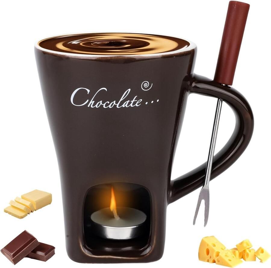 Chocolade Fonduebeker Donkerbruin 12 x 12 x 8 5 cm Keramische Fondueset met Vork en Waxinelichtje Voor Romantische Avonden