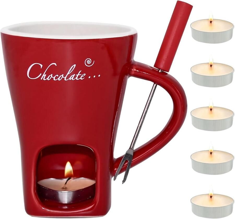 Chocoladefondue Beker Set Rood 200 ml Keramisch met Vork en Theelichtjes Voor Thuisgebruik