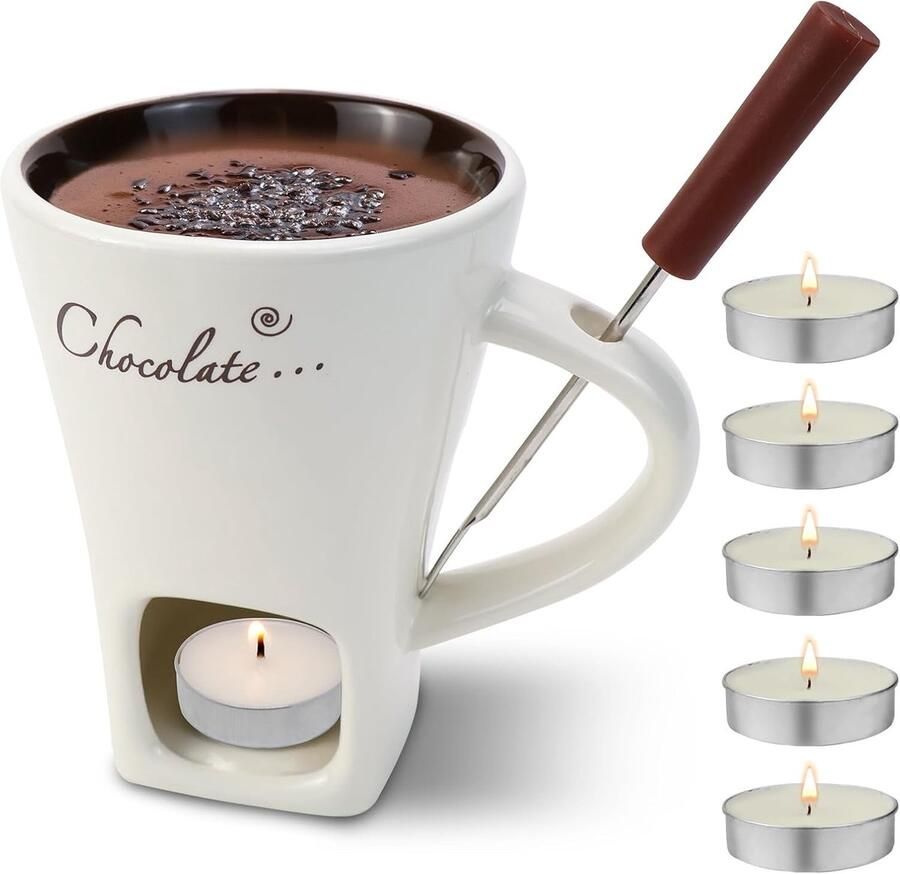 Chocoladefondue Beker Wit 200 ml Keramische Set met Vork en Theelicht Voor Kaas en Chocolade