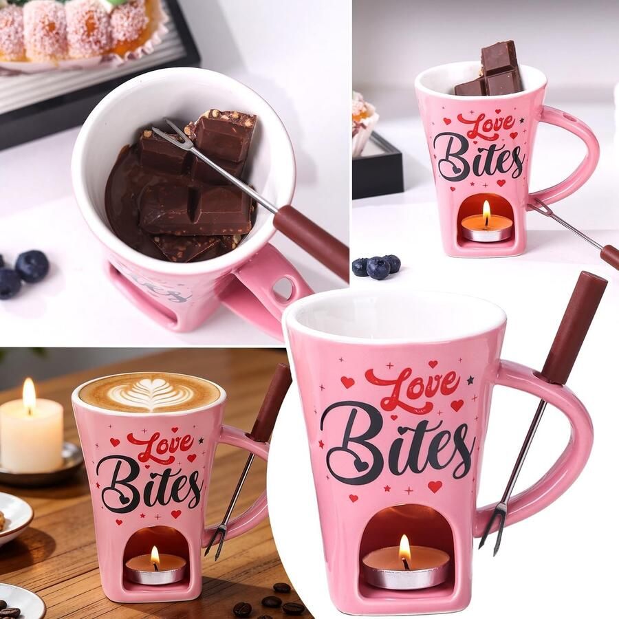 Chocoladefondue-bekerset Roze 200 ml Keramisch met Vork en Theelichtje Voor Fondue-liefhebbers
