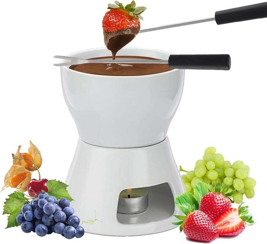 Chocoladefondue- en kaasfondueset Wit 10 5 x 10 5 x 12 5 cm Keramiek met Vorken en Kaars Voor Diner en Picknick