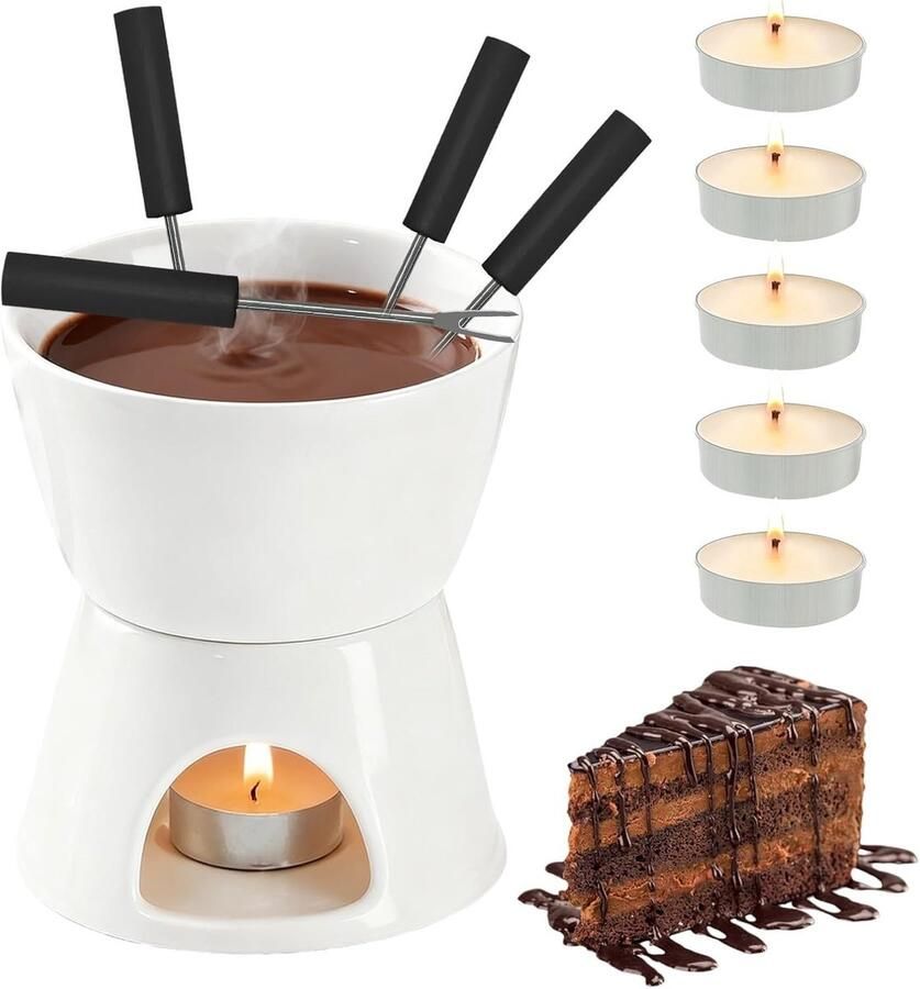 Chocoladefondue Mok A 300 ml Keramische Fondue Set met 4 Vorken en 5 Theelichtjes Voor 4 Personen