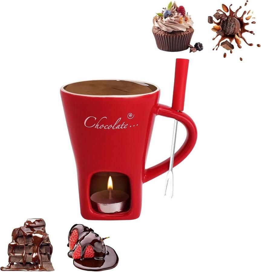 Chocoladefondue Mok Rood 8 7 x 8 7 x 11 6 cm Keramische Fondue Set met Vork en Theelichthouder Voor Dames en Heren
