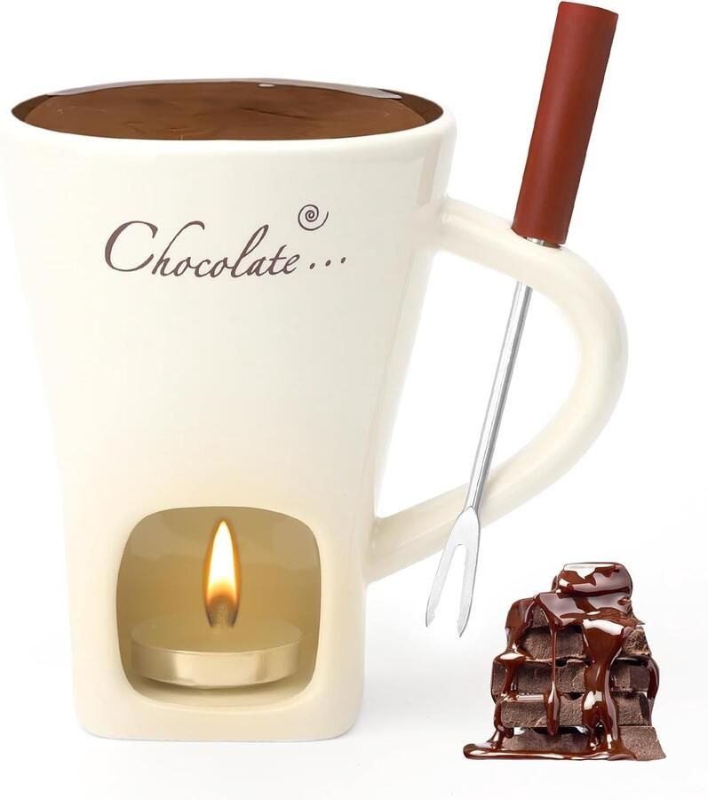 Chocoladefondue Mok Wit 8 7 x 8 7 x 11 6 cm Keramische Fondue Set met Vork en Theelichthouder Voor Gezellige Avonden
