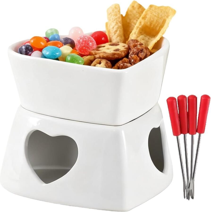 Chocoladefondue Set Dessert Fondue Gezellige Avonden Hittebestendig Keramiek 16 x 16 cm Wit