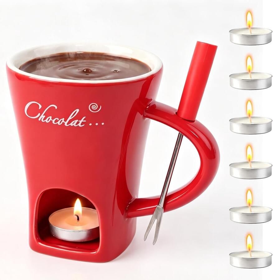Chocoladefondue Set Rood 200 ml Keramische Fonduebeker met Vork en Theelichtjes Voor Fondueliefhebbers
