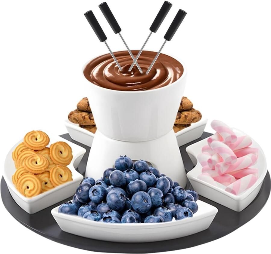Keramische chocoladefondue Wit 10 5 x 12 cm Met Houten Dienblad en Vorken Voor Feestjes en Diner