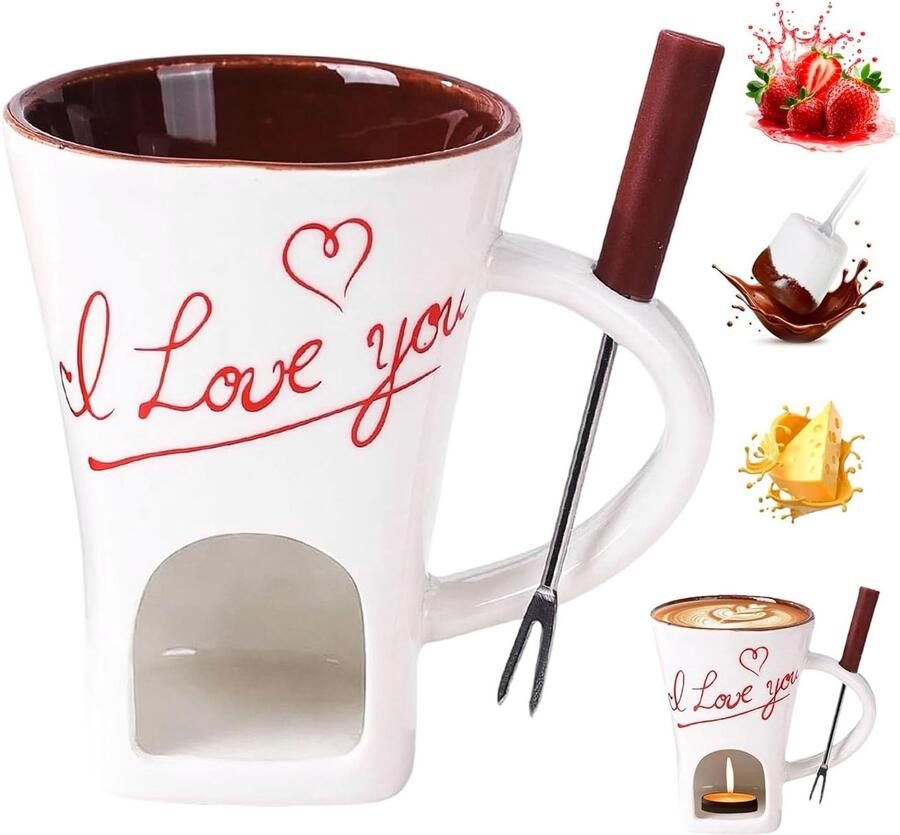 Chocoladefondue Set Wit 130 ml Keramische Chocolade Smeltbeker met Vork en Theelichtje Voor Chocolade en Kaas