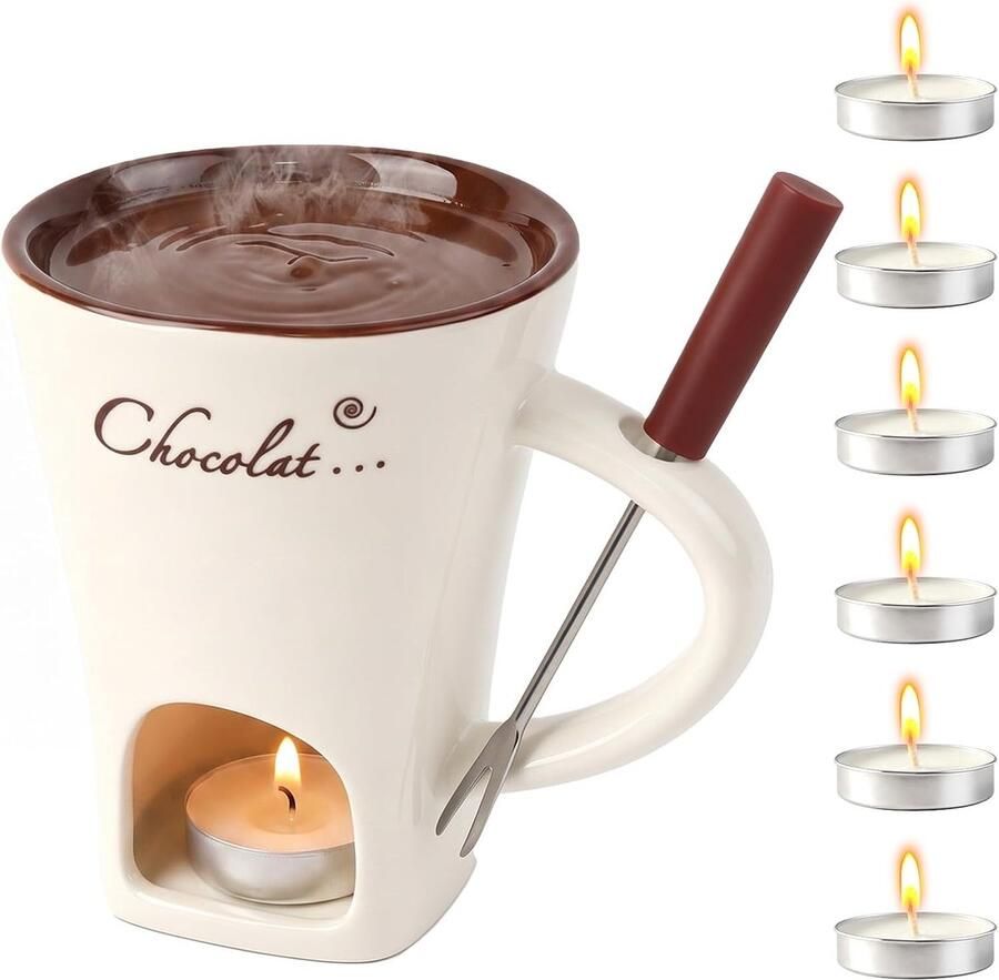 Chocoladefondue Set Wit 200 ml Keramische Fonduebeker met Vork en Theelicht Voor Chocolade Kaas en Boter