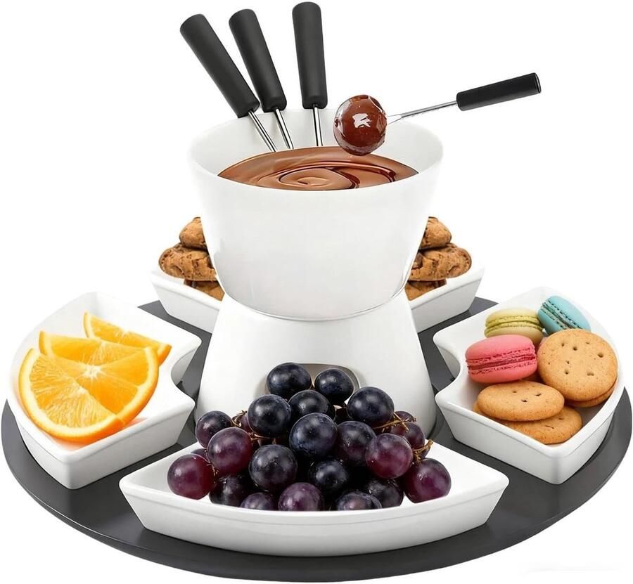 Chocoladefondue Set Wit 300 ml Keramisch met 4 Borden en Vorken Voor Kaas en Chocolade