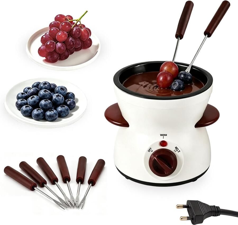 Chocoladefondue Set Wit 300 ml Met Temperingsapparaat en 8 Spiesjes Voor Gezellige Avonden