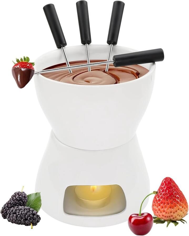 Chocoladefondue Set Wit Keramische Fondue met 4 Vorken en 1 Theelichtje Voor Thuis en Feestjes