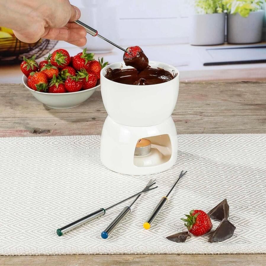 Chocoladefondue Set Wit Keramische Smeltkom met Vorken Voor 4 Personen
