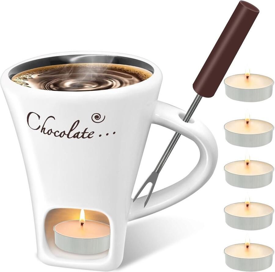 Chocoladefonduebeker Wit 200 ml Keramische Set met Vork en Theelicht Voor 1-2 Personen
