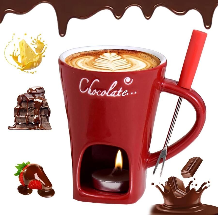 Chocoladefonduebekerset A 200 ml Keramische Multifunctionele Fonduebeker met Vork en Theelichtje Voor Fondue-Liefhebbers