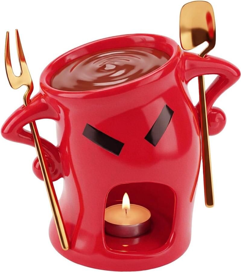 Chocoladefonduekop Rood 19 x 14 x 10 cm Keramische Set met Lepel en Vork Voor Romantische Momenten